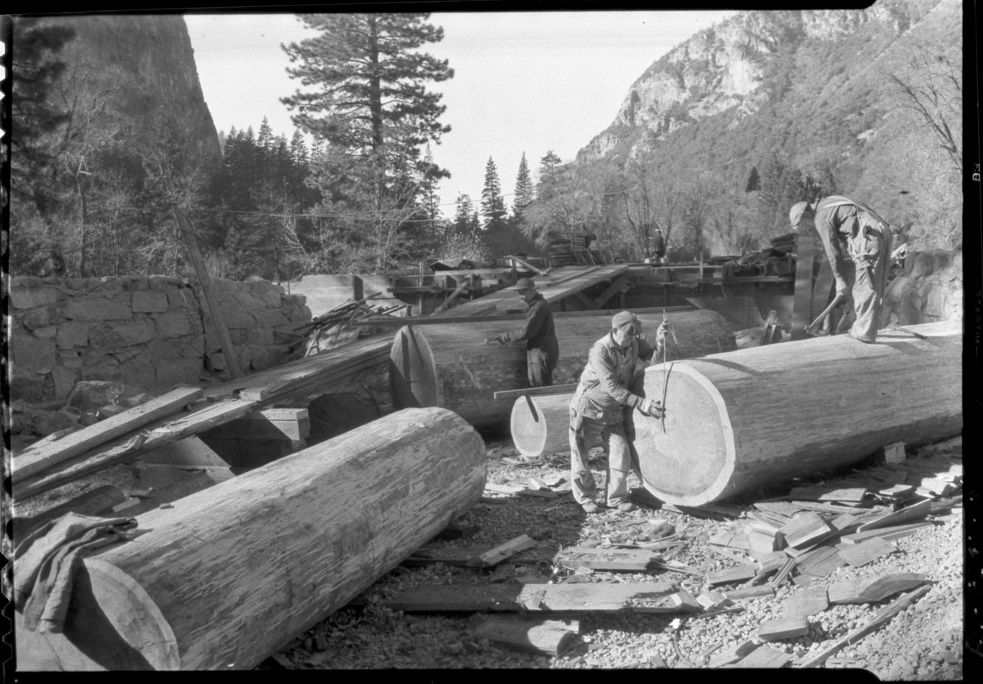 Copy Neg: L. Radanovich, May 1997. Logs at El Capitan Bridge. Museum Collections Cat. No: YOSE 82586
