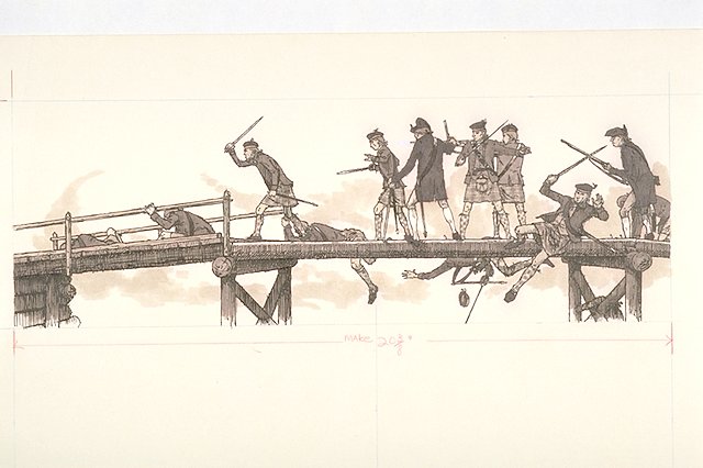 View of Moores Creek Bridge looking west during the height of the Battle of Moores Creek. Scene depicts Carolinian Patriots clashing against fellow countrymen loyal to the English