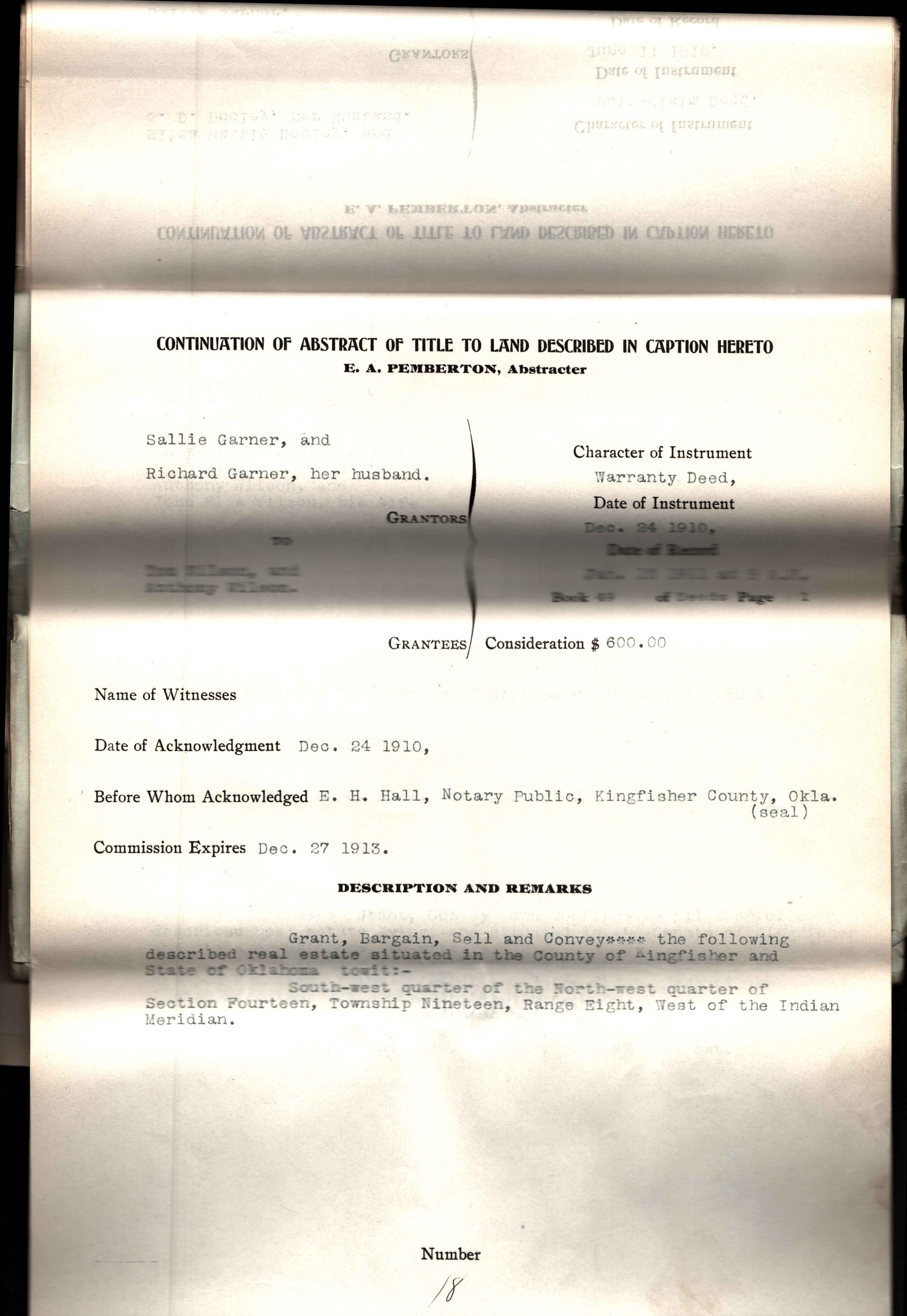 Yellowing scanned handwritten Homesteading case file. Transcribed text from the scan is found in the image description. Shadowing shows where the document was folded in four parts.