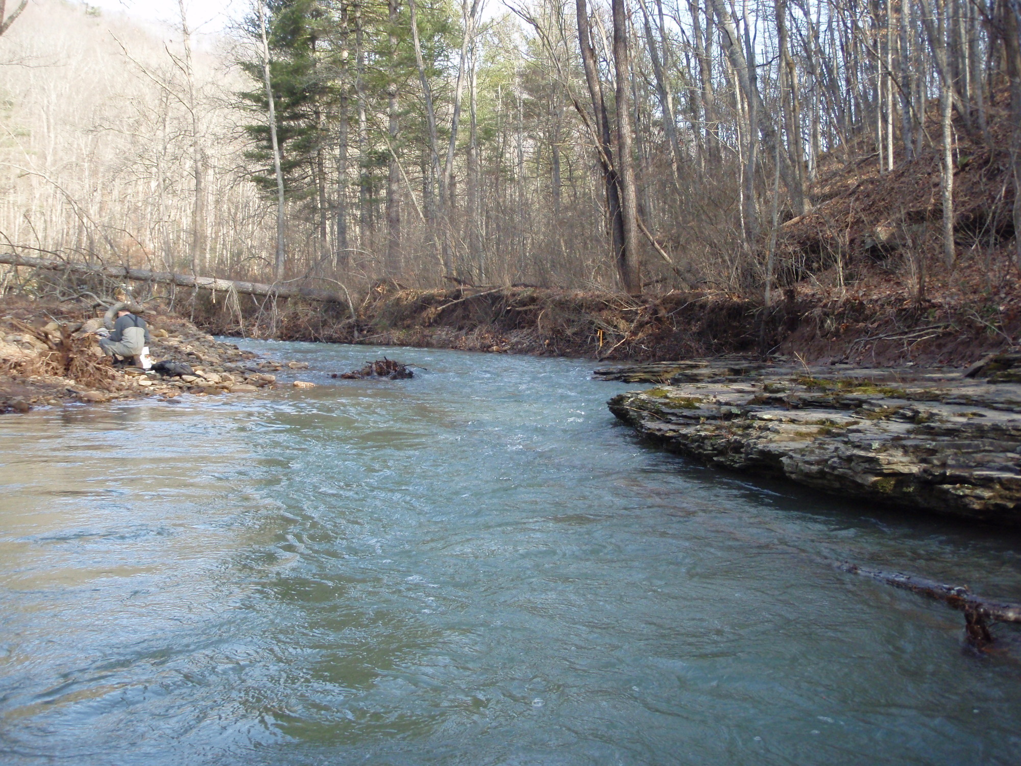 Site visit photo showing the upstream (UP) or downstream (DN) view of a wadeable stream reach taken during benthic macroinvertebrate monitoring at Bluestone National Scenic River.