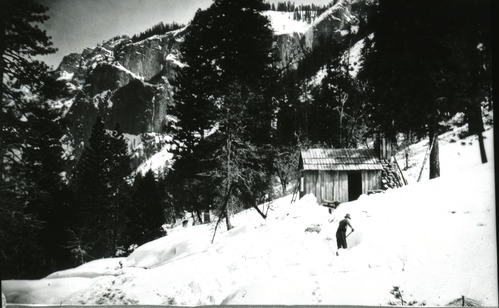 Maintenance cabin (?) on old Inspiration Point Road. See frontispiece of Hutchings "In the Heart of the Sierras".