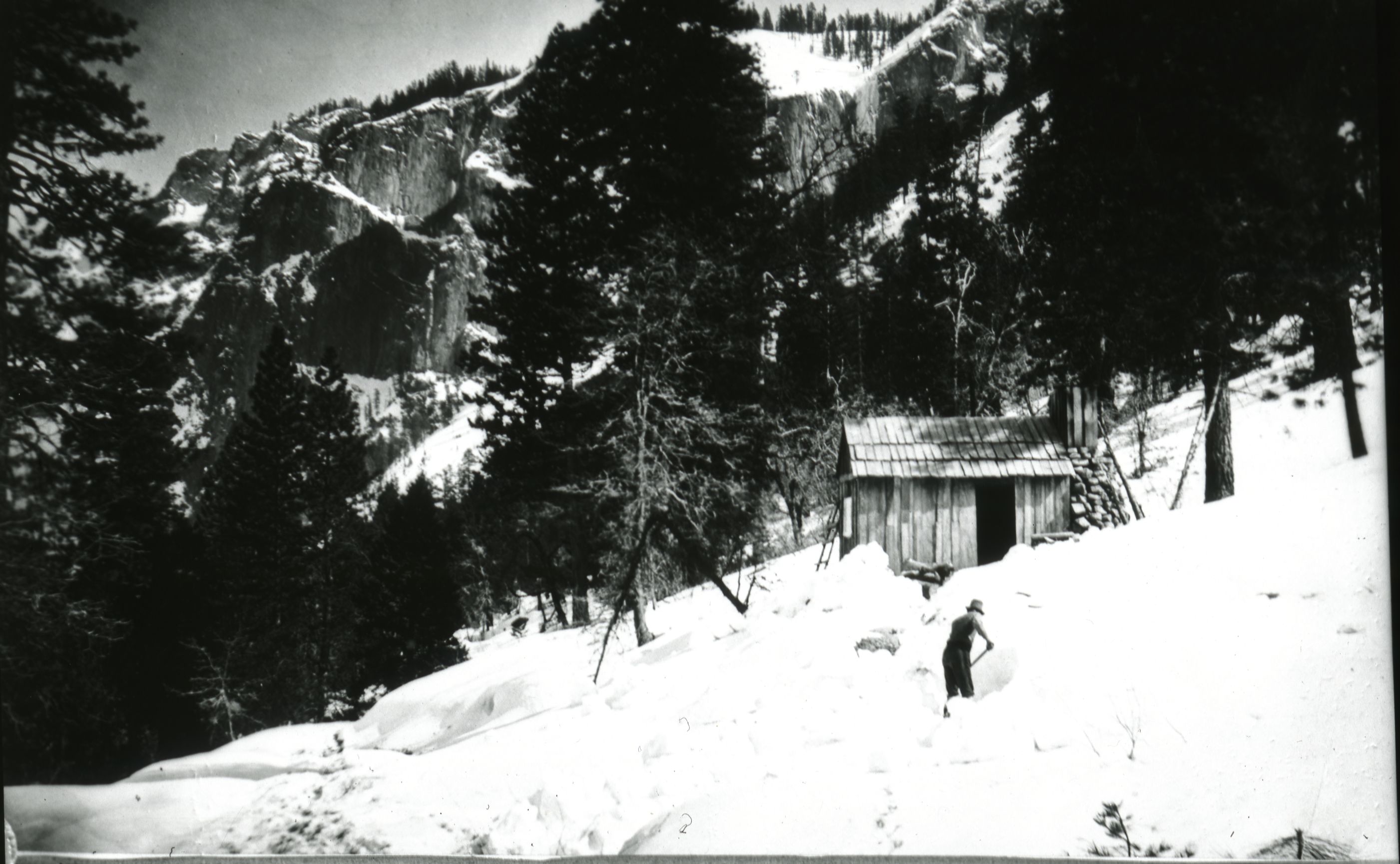 Maintenance cabin (?) on old Inspiration Point Road. See frontispiece of Hutchings "In the Heart of the Sierras".