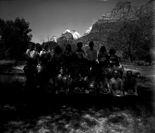 Personnel 1980: naturalist division, Student Conservation Association (SCA), Zion Natural History Association (ZNHA), Zion Nature School (ZNS). Front row (left to right): (two unidentified people), Bob Wood, Victor Jackson, John Lancaster, Roy Given, (two unidentified people). Center row (left to right): Caroline Nicholson, Marion Hilkey, (seven unidentified people). Top row (left to right): Joel Fishbien, Chris Dick, (five unidentified people), Kathy Picarelli.