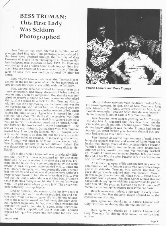 “Bess Truman: This First Lady Was Seldom Photographed,” The Great Years of Kansas City 2:6 (January 1984).