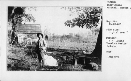 Copied from print on board, located in 979.447/Y-36/Miguel Meadows Cabin. Titled "Mr. Marshall" Written on back, "Originator of the 'Marshal(sic) Plan' for water conservation. Taken by L. P. Lukens, Pasedena". In other hand writing, "From Celia Crocker Thompson Lodi, Calif. (through John Bingaman) September 7, 1949" Lukens Lake named in 1894 by R.B. Marshall, USGS.