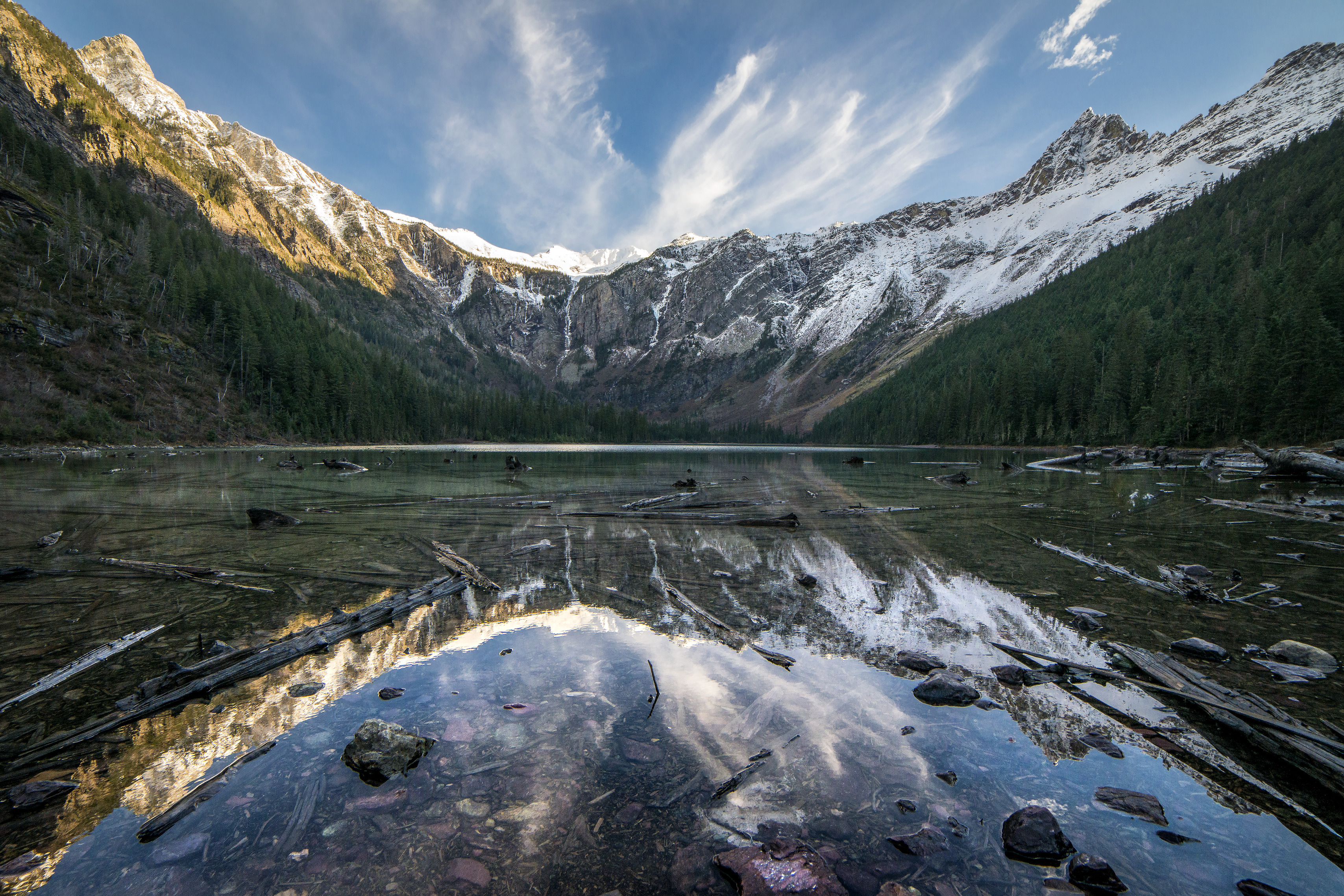 a rocky bottom lake with logs in it is surrounded by snowy peaks 