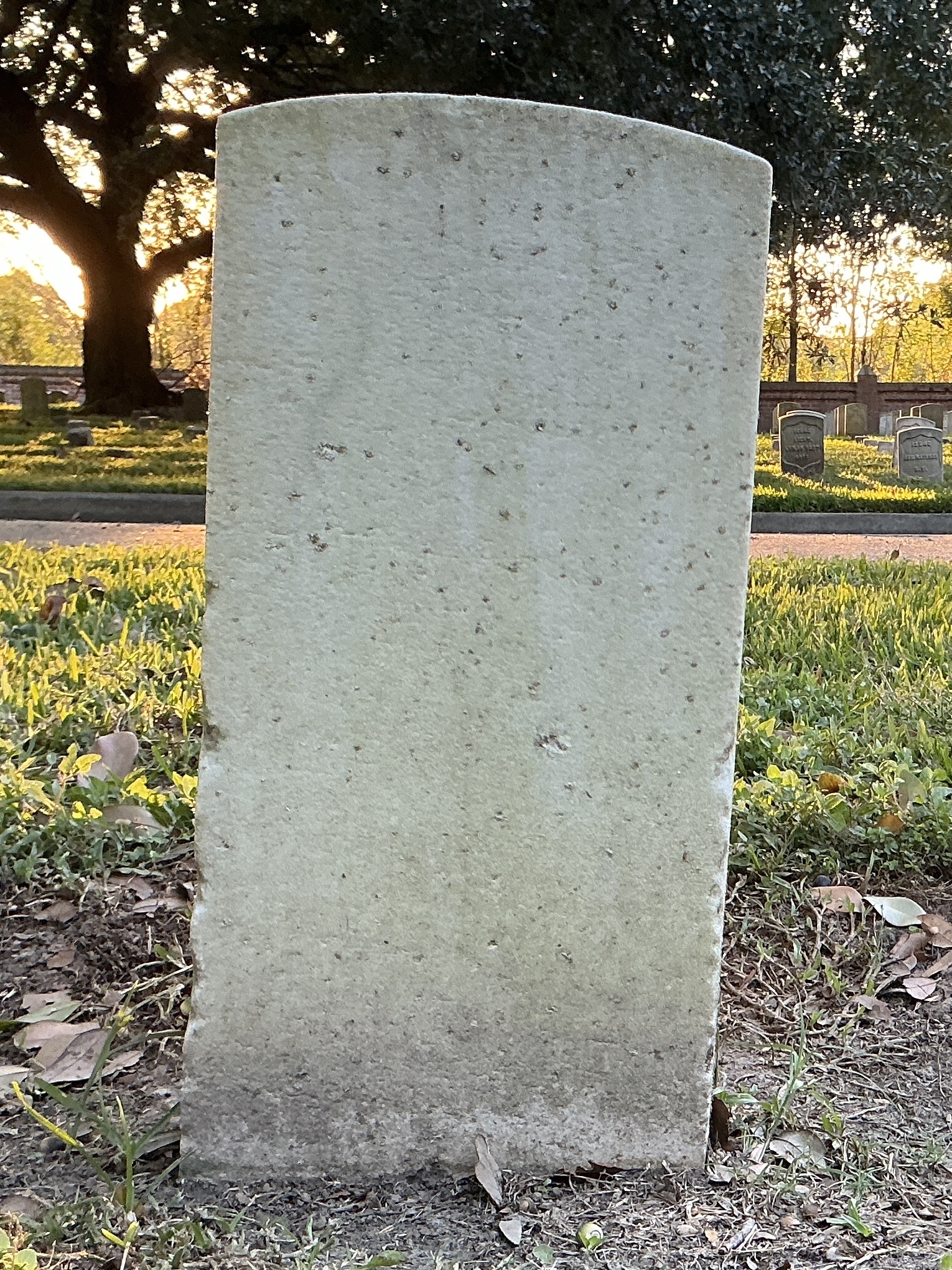 Back of historic upright marble headstone with recessed shield face.