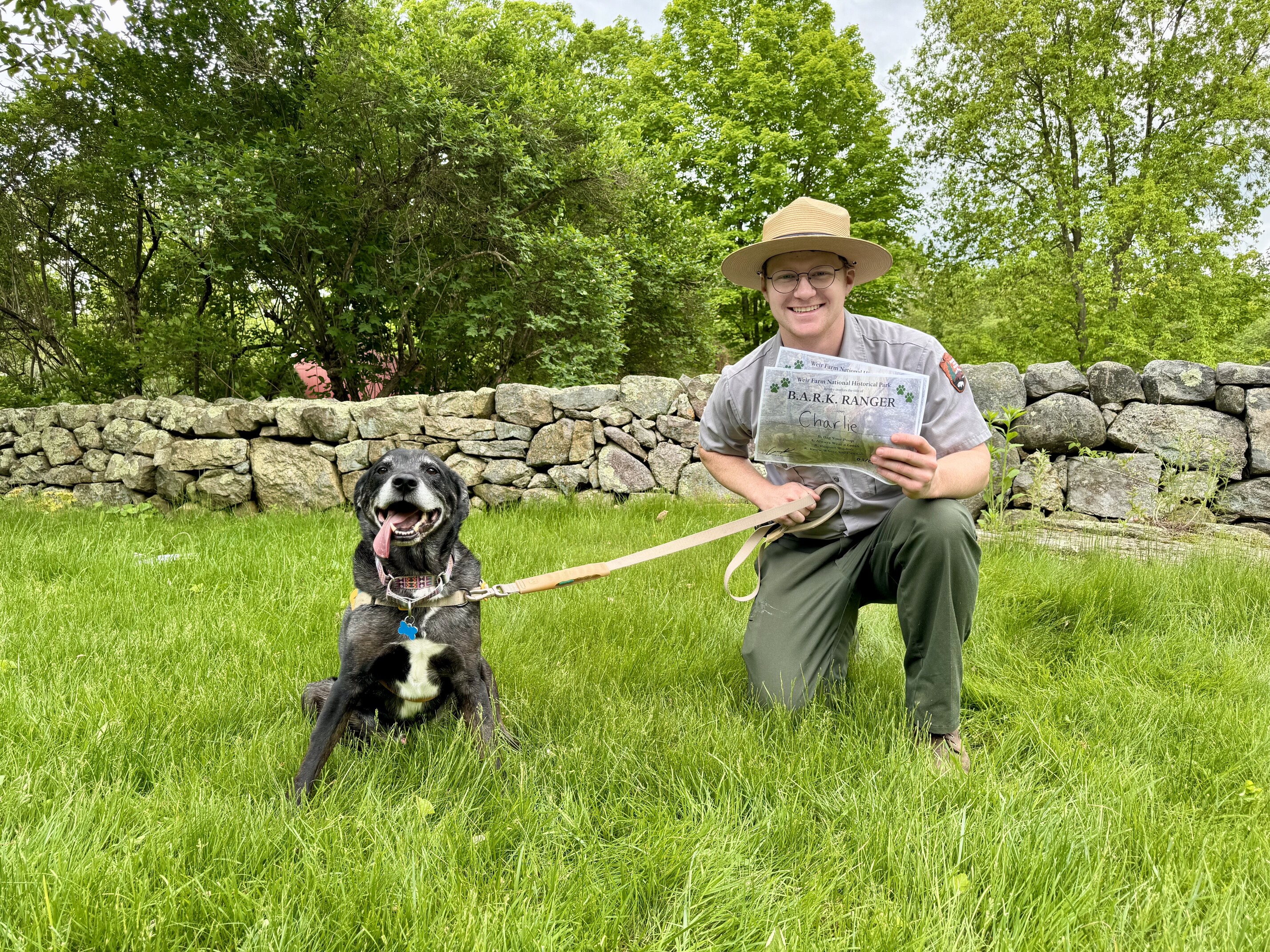 A person kneels in the grass next to a dog sitting in the grass in front of a stone wall.