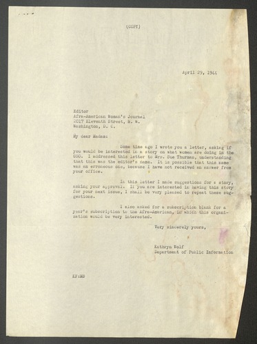 Correspondence regarding "The Aframerican Woman's Journal," 1944