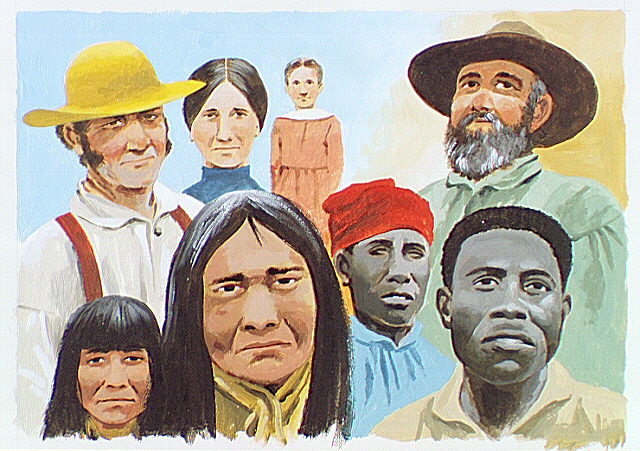 Montage of white settlers, slaves, and Indians associated with Fort Scott.