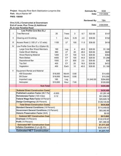 Cost estimate for construction of ELJ's Nisqually Road near Longmire and Nisqually Entrance Mount Rainier National Park February 2010.