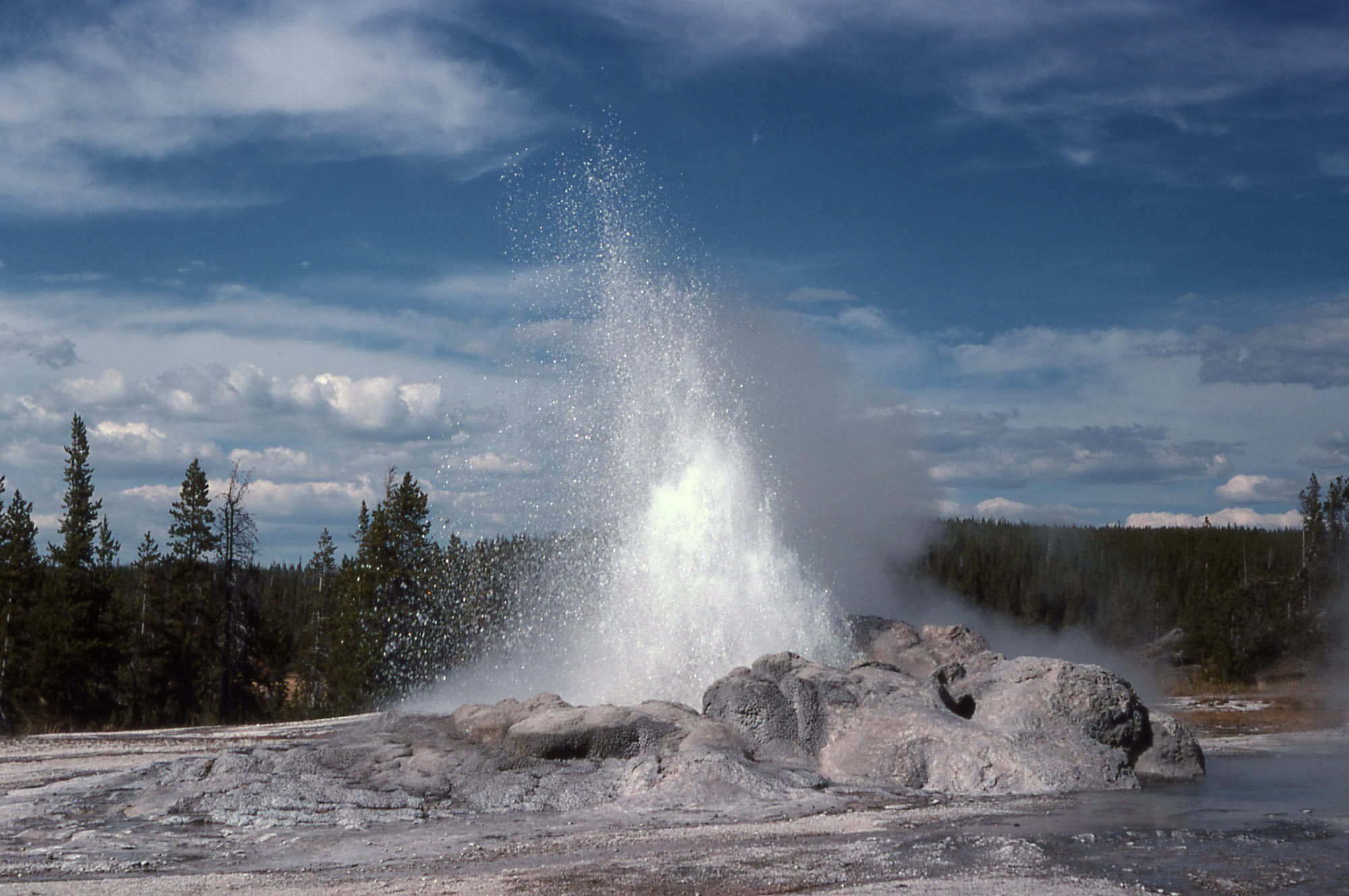 Water erupts out of a geyser cone with blue sky in the background.