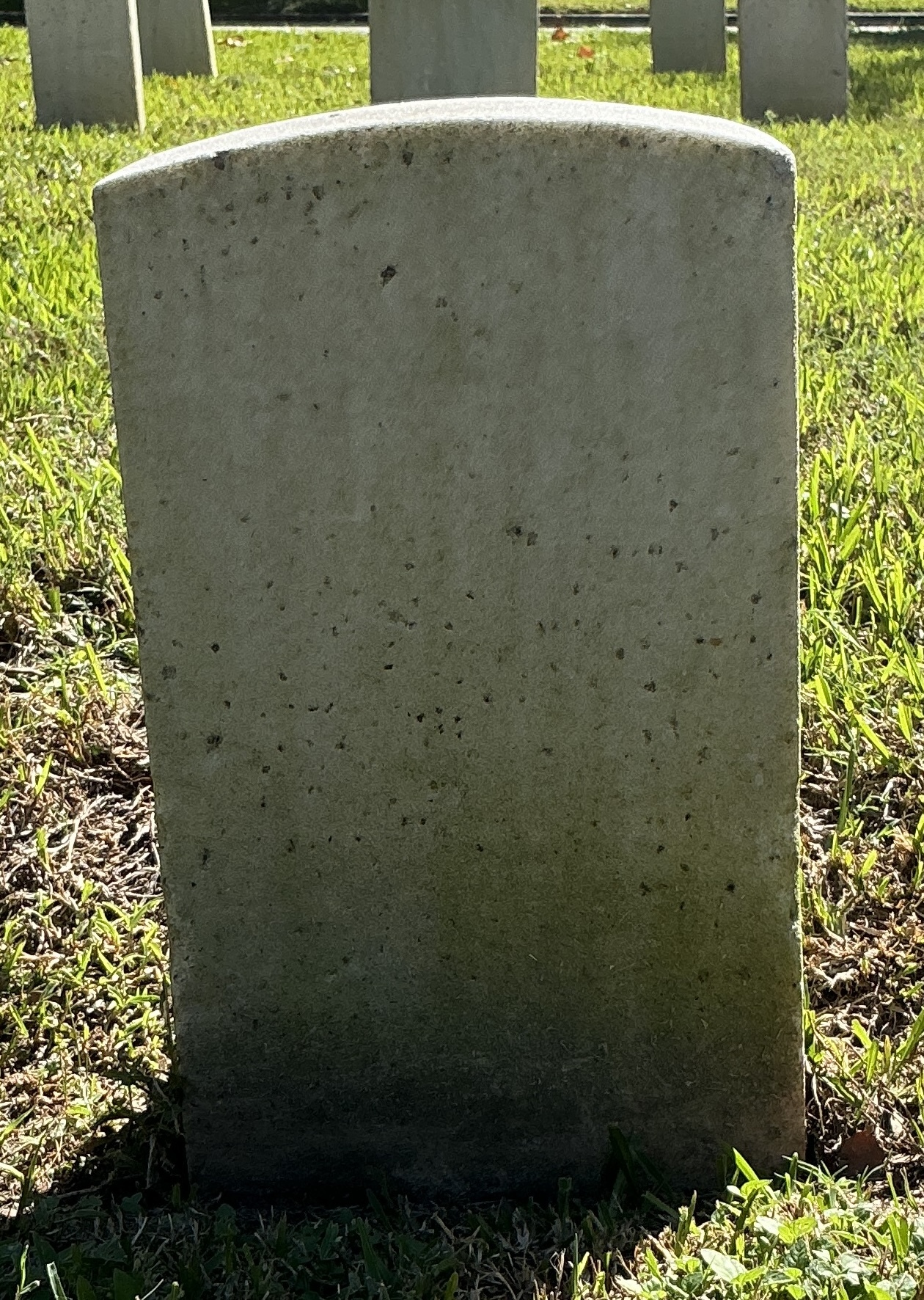 Back of historic upright marble headstone with recessed shield face.