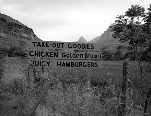 The black on yellow Grandma's signs along State Route 15 (now State Route 9) south of Springdale. Signs were at every turn and straight-a-way from Virgin, Utah to the park's South Entrance. These photos were used as documentation for the proposed clean up project to remove all undesirable signs and debris along the main access route to Zion National Park.