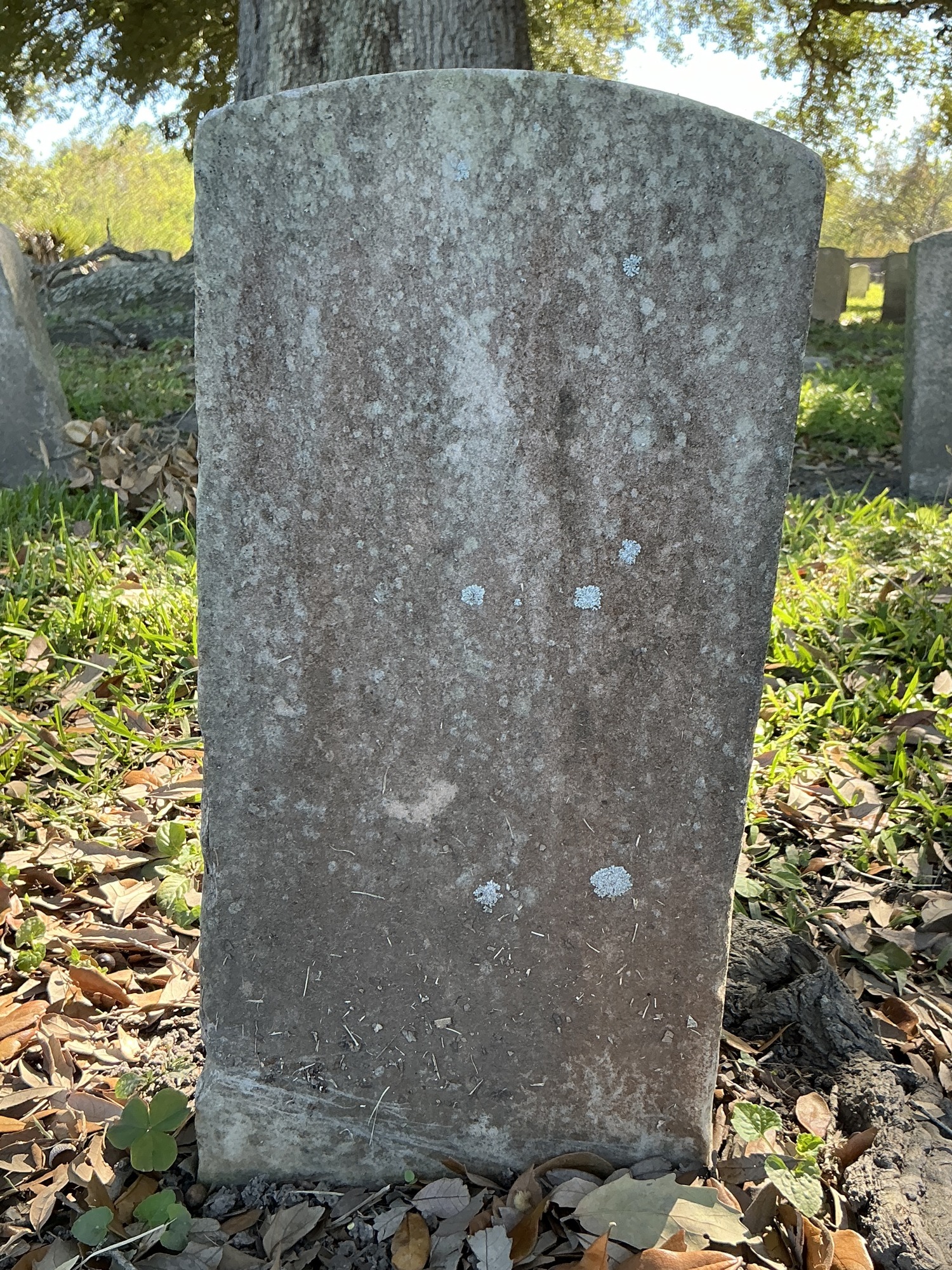 Back of historic upright marble headstone with recessed shield with recessed lettering face.