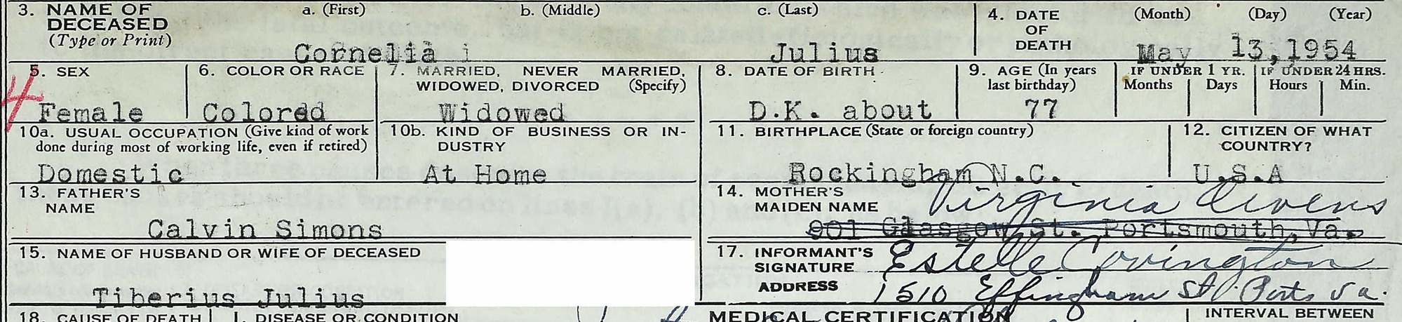 1954 Death Record for Cornelia Julius.