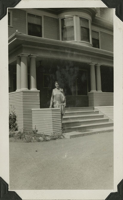 This is an historic black and white photograph from the Scotty's Castle Historic Photograph Collection, Death Valley National Park of Edna Devlin at Shadelands Ranch, Walnut Creek, California. Circa 1930. Devlin was Albert M. Johnson's secretary. Shadelands Ranch was Bessie Morris Penniman Johnson's home.