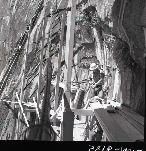 Scaffolding and crew member used for upgrade of water system at Temple of Sinawava.