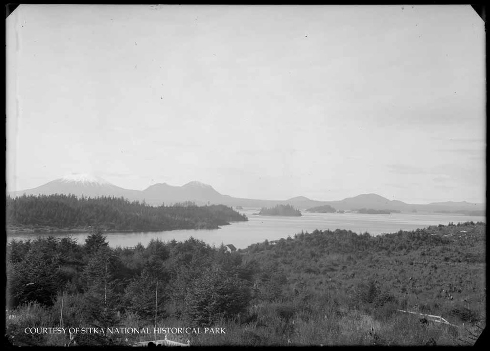 View of Mount Edgecumbe and the western anchorage from the Russian Orthodox Cemetery.