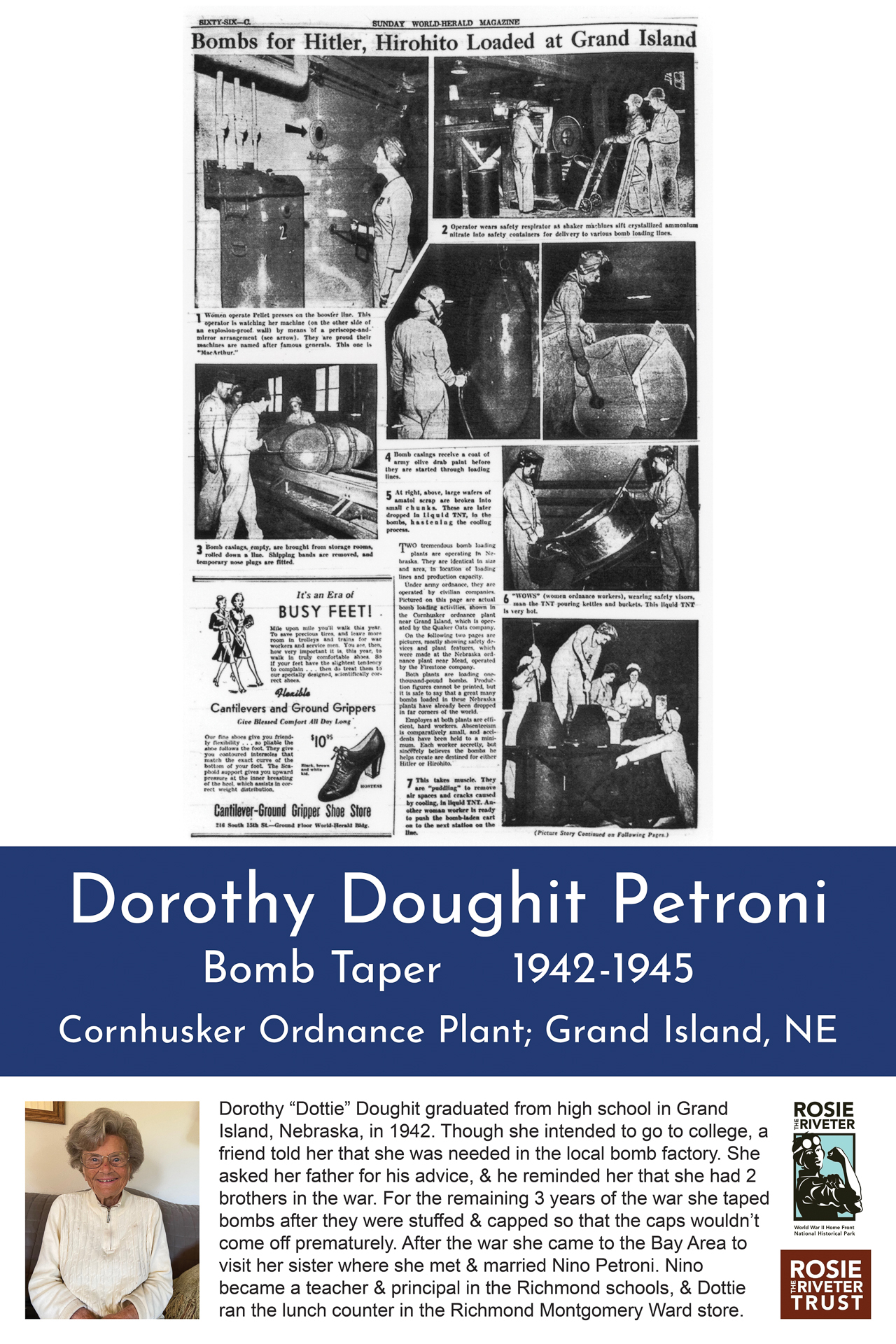 Poster that contains an historic photo and modern photo of a home front worker, including a short bio. Listed in description field. 