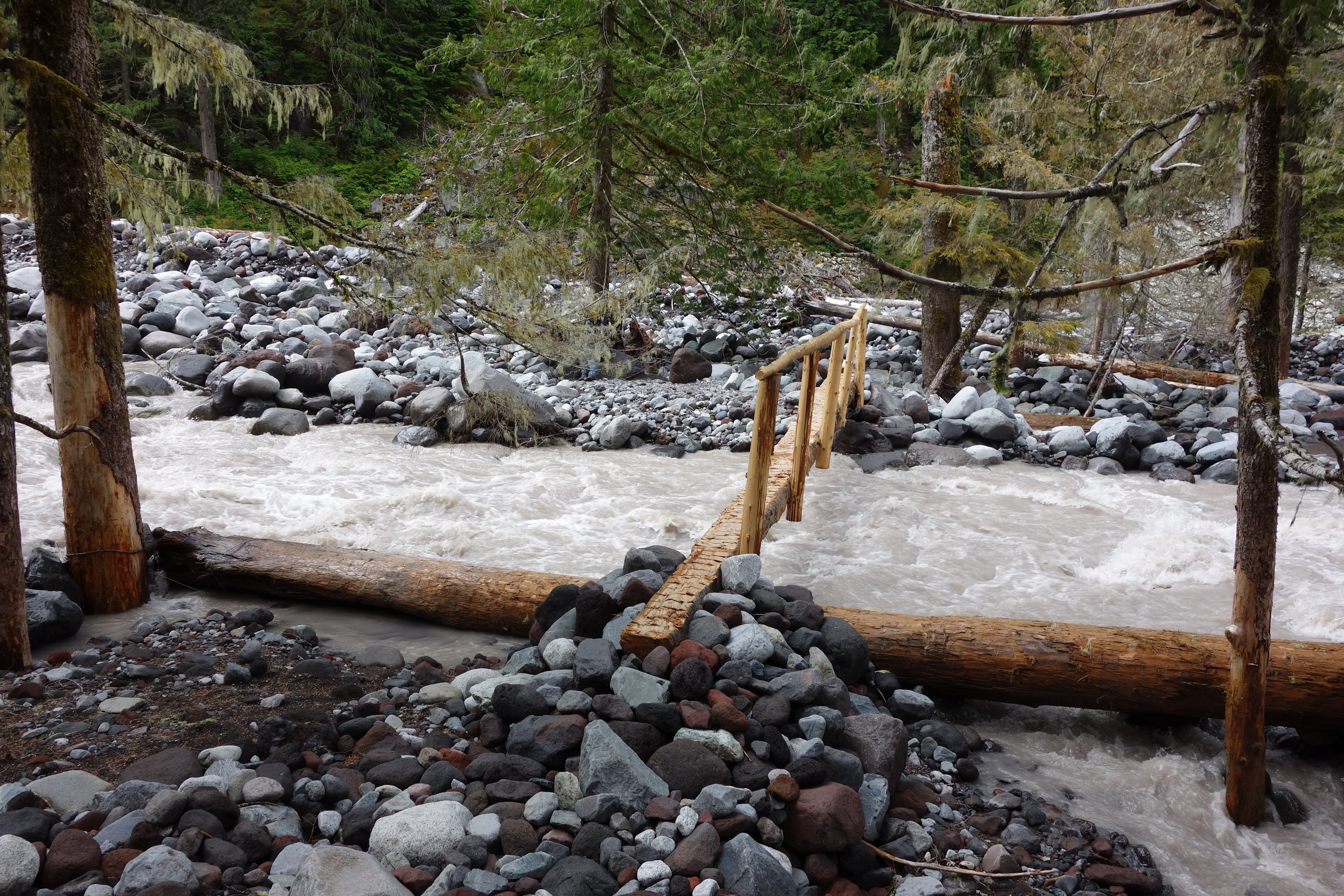 A single log footbridge with a handrail on one side crosses over a muddy torrent of a river. The near side of the log bridge is stabilized by a pile of river rocks. 