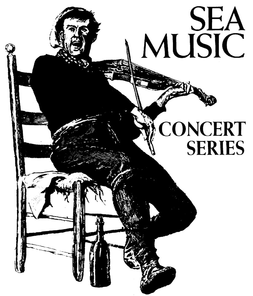 Black and white drawing of a man seated on chair playing a fiddle.