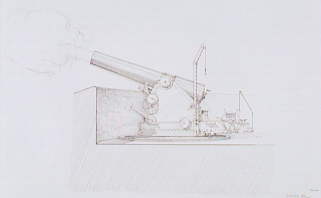 Firing 24-cm howitzer mounted on a carriage.