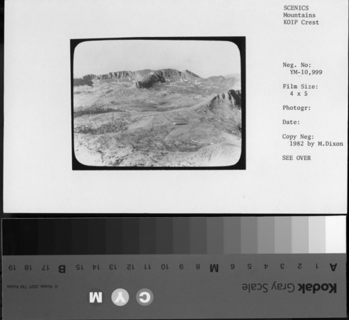 KOIP Crest. Eocene Plateau. Taken from top of red rock between E. & S. Lyell Glaciers. No. 267. Lantern slide from the Matthes collection. Copy Neg: 1982 by Michael Dixon.