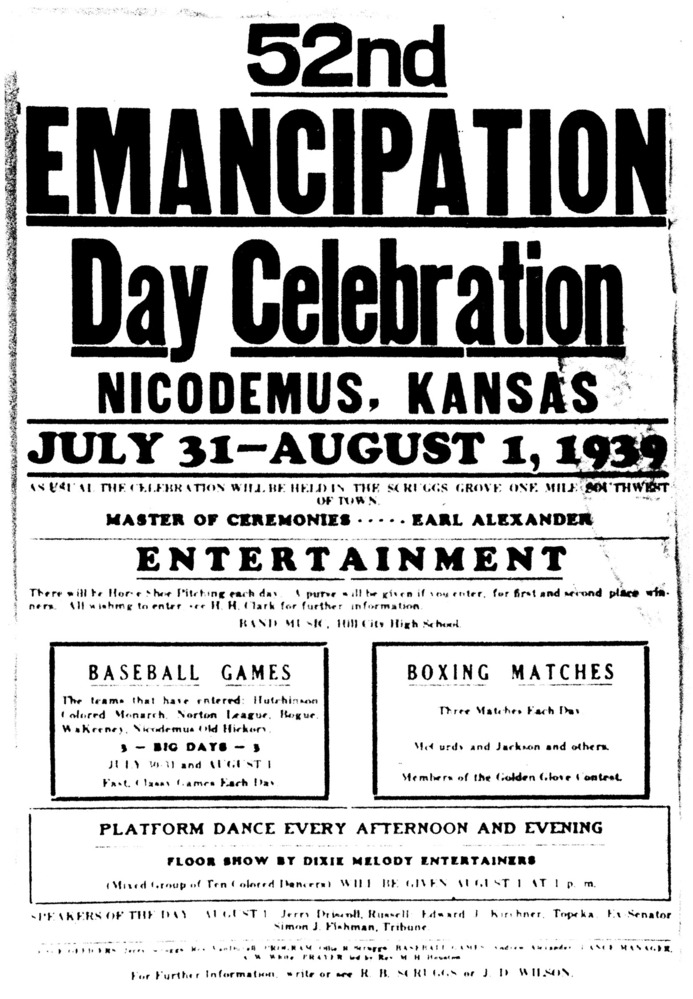 Poster announcing the 52nd Emancipation Day Celebration at Nicodemus, 1939