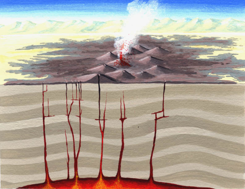 Volcanic activity-D: Basin and range lava escaping through faults -volcanism in area with type overlay.