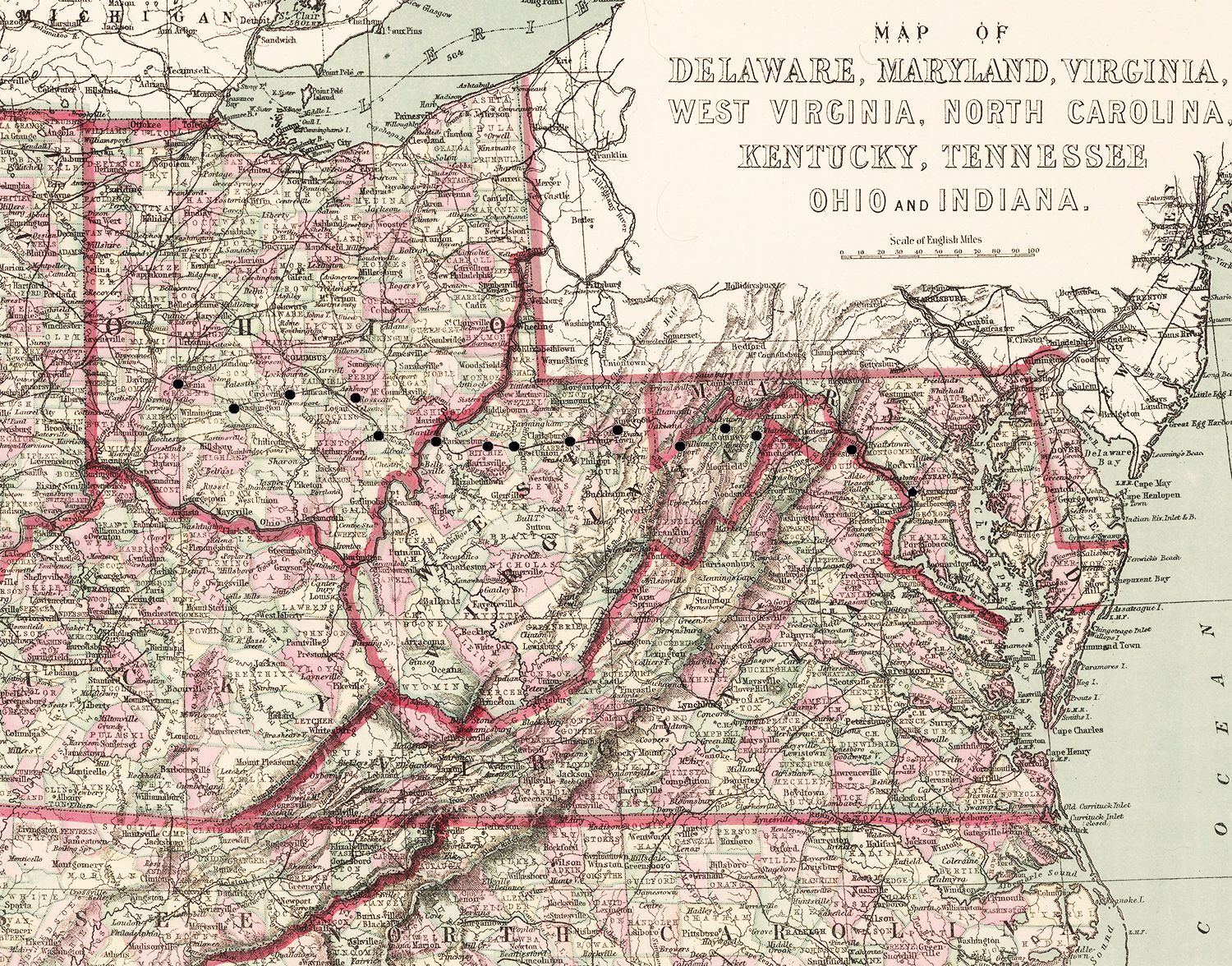 Historic color Map of DE, MD, VA, WV, NC, KY, TN, OH, IN