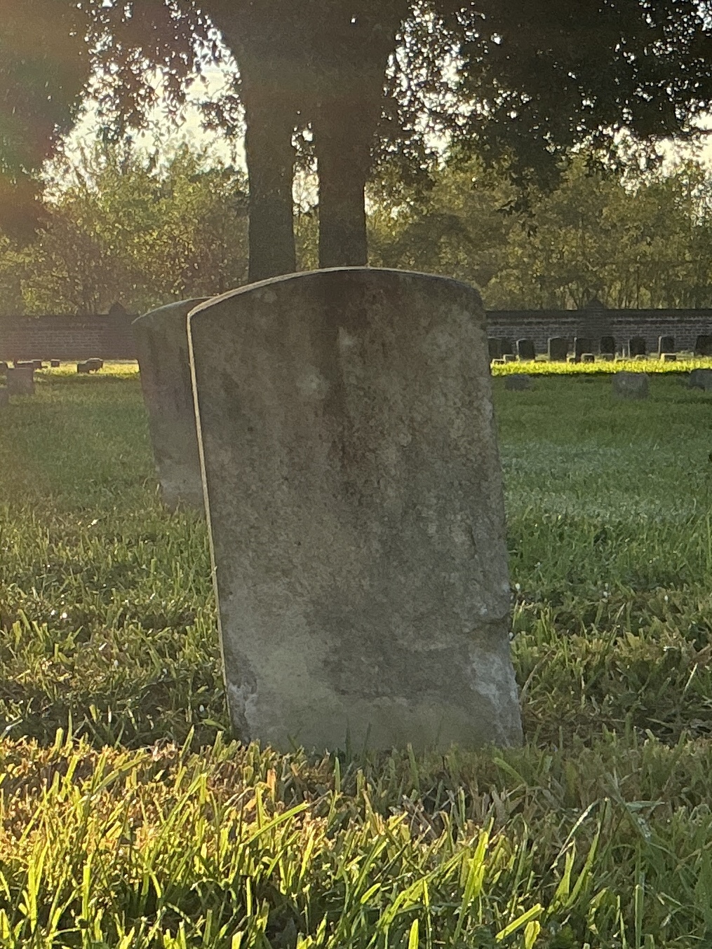 Back of historic upright marble headstone with recessed shield face.