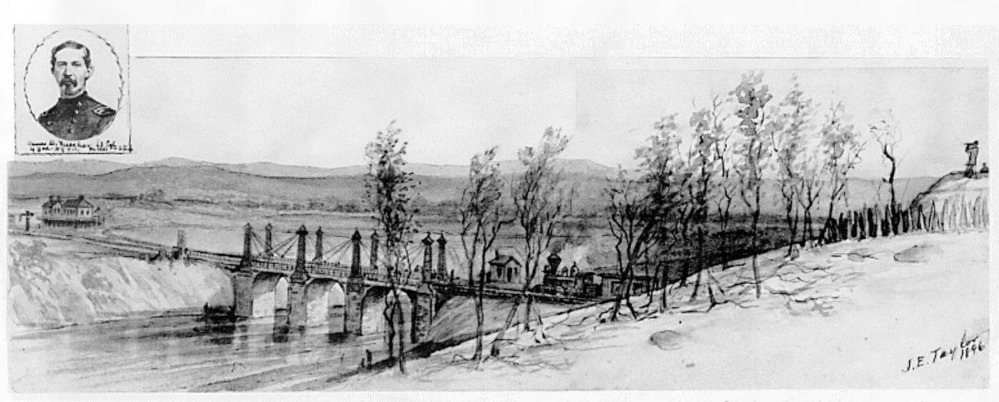 A sketch shows a railroad bridge over a river, slim trees on the side of a hill, and a lookout on a high bluff.