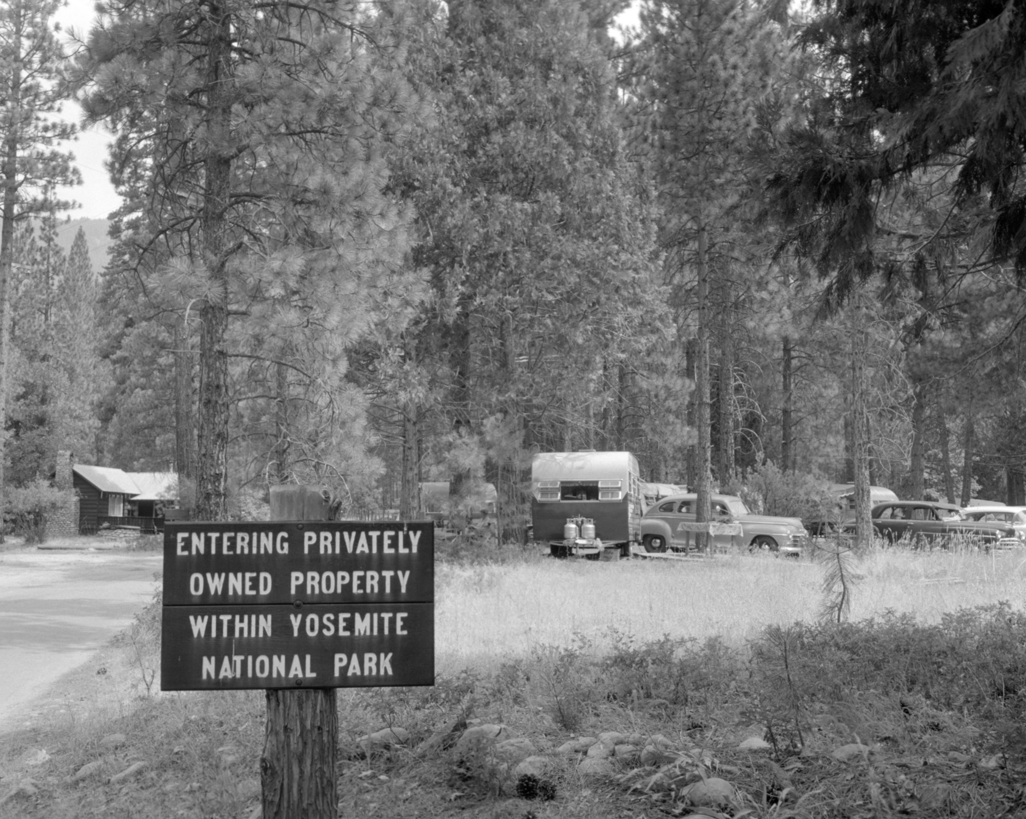 Photograph taken at Wawona showing the indiscriminant use of private land within the boundaries of Yosemite National Park.