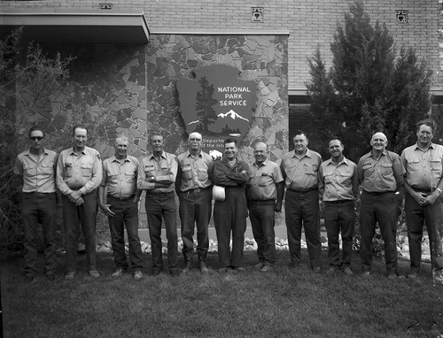 Maintenance workers, longterm employees, left to right: Lynn Ballard, Ardell DeMille, Walter Hosey, Raymond Gifford, Norm Crawford, Emil 'Kelly' Justet, Wesley Dennet, Bob Yager, Roland Spendlove, Earl Mansor, Donald DeMille.
