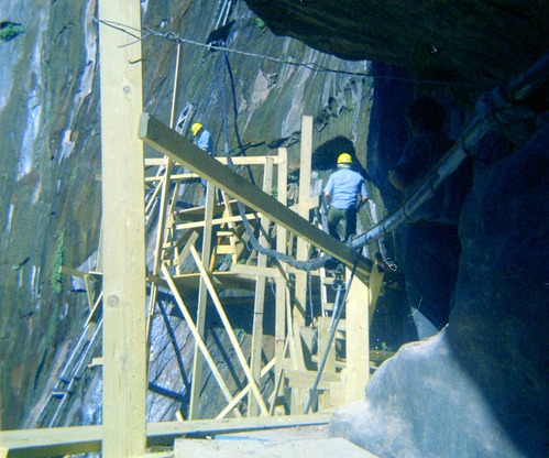 Scaffolding construction and use at the Temple of Sinawava during a spring project.