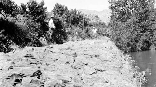Two rangers standing on dike along Virgin River in Rockville.