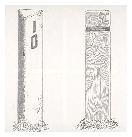 Two-part illustration of signs and markers seen along the Skyline Drive. Shown are (left) a milepost marker and (right) a trail marker.