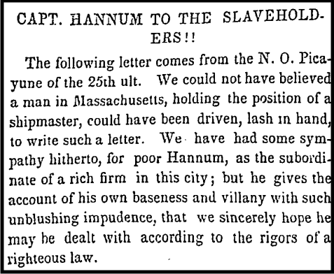Newspaper clipping regarding a letter from Capt. Hannum.