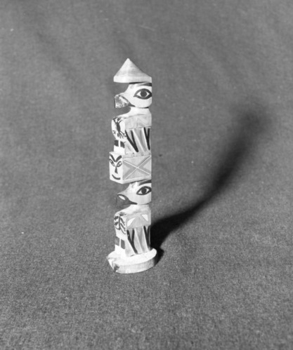 Marie Rozier Collection, Catalog No. 246. Object: Model totem pole. Dimensions: 9". Materials: Wood, paint. Collectin History: Gift of Trezila Payton Daoust. Photographed by Michael Dixon in December 1982. Catalogued by Craig Bates and Barbara Beroza. Yosemite Collections, National Park Service.