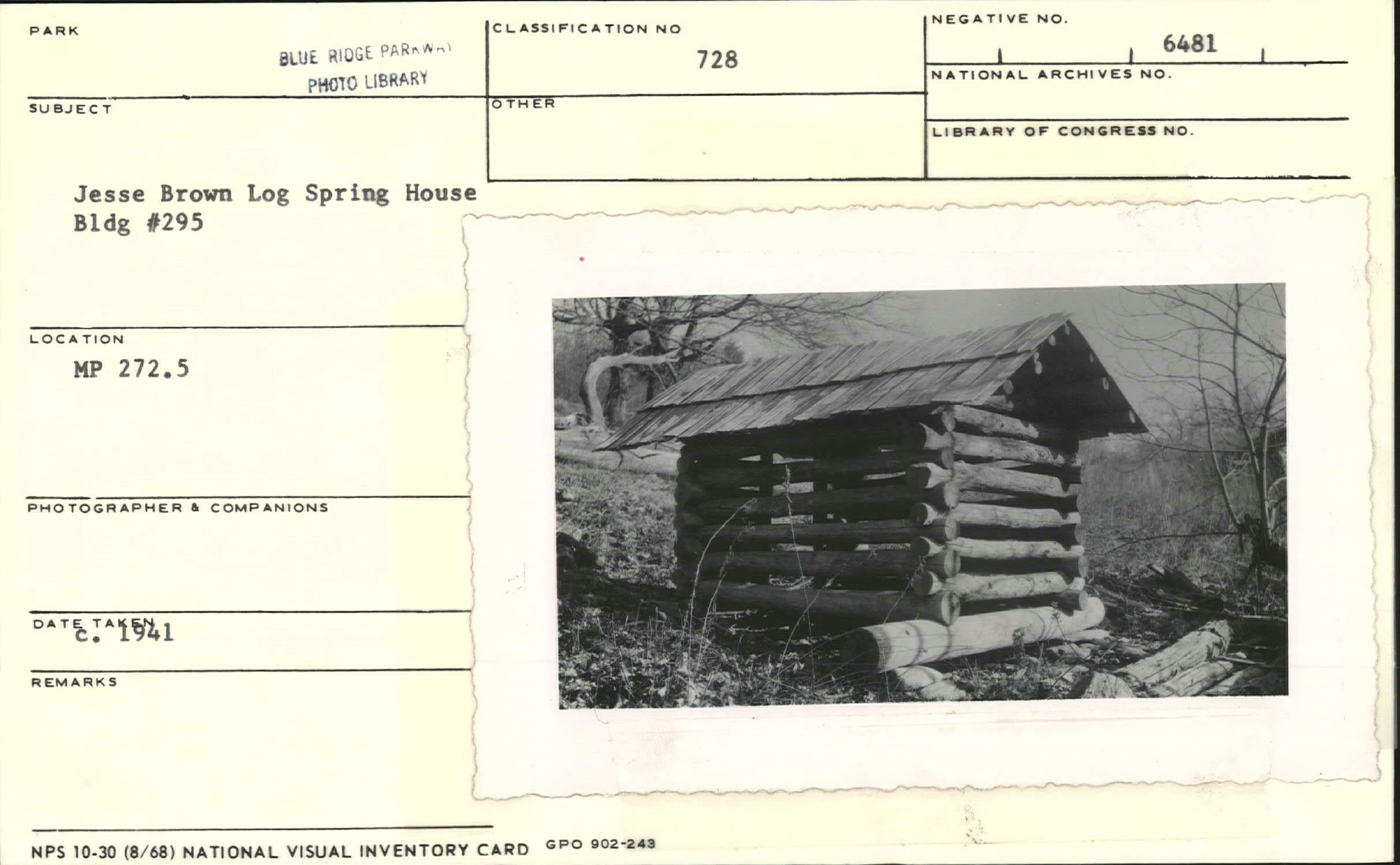 Jesse Brown Log Spring House, Bldg. #295
