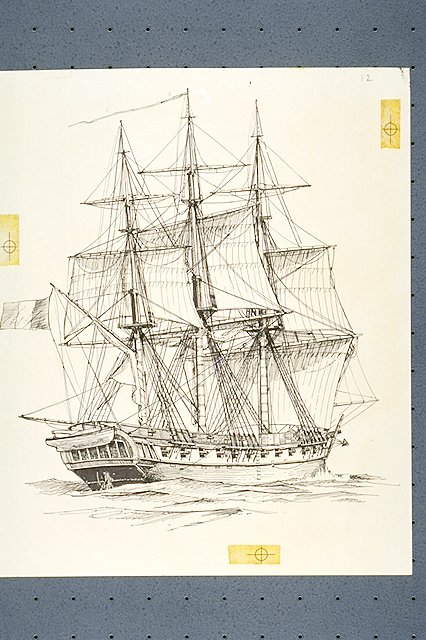 French frigate (ship) under full sail with gun ports open.