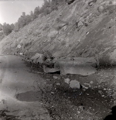 Side of the road with large rocks during construction along the scenic canyon drive near the Grotto.
