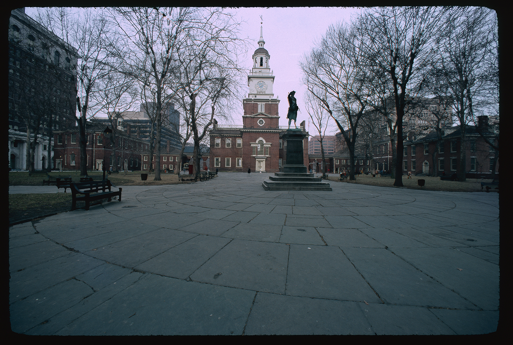 Independence Square. Looking northeast left of John Barry statue towards Independence Hall exterior. Tower clock, 1:40 PM.