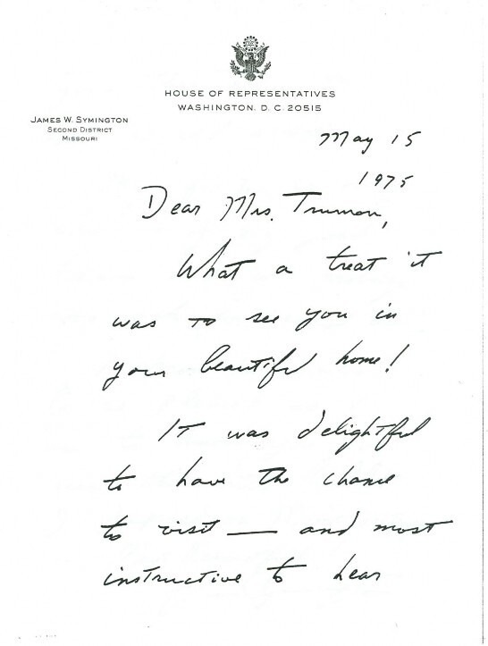 Autograph letter signed, James W. Symington to Bess W. Truman, May 15, 1975, found in the book Eve in the Truman home. (HSTR catalog # 6141)