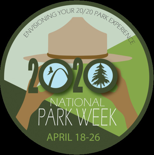 National Park Week 2020 Logo including text "Envisioning Your 20/20 Park Experience National Park Week April 18-26) and an image of hands holding up 2020 binoculars in front of a ranger hat seeing a bird flying near Gateway Arch and a tree in the lenses.