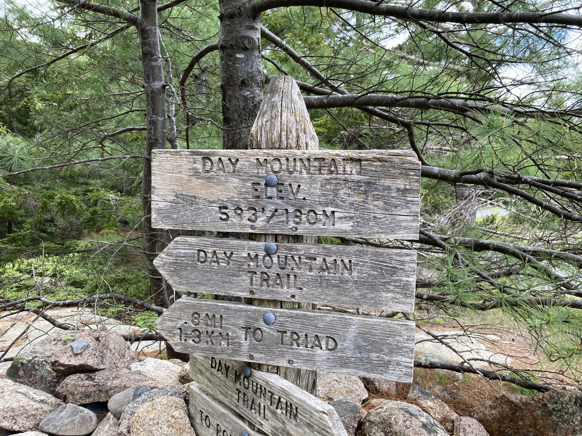 The elevation sign at the top of Day Mountain (593 ft/180 m).