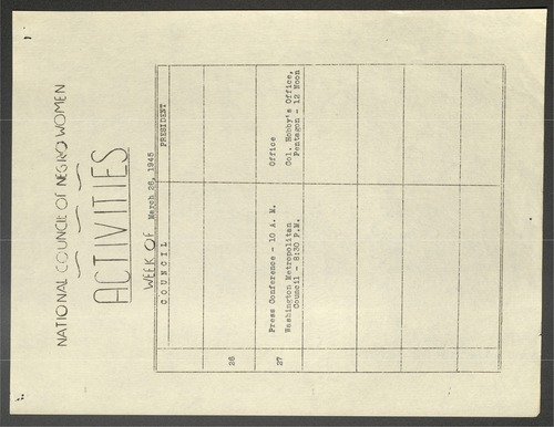 National Council of Negro Women Weekly Calendar, 1945
