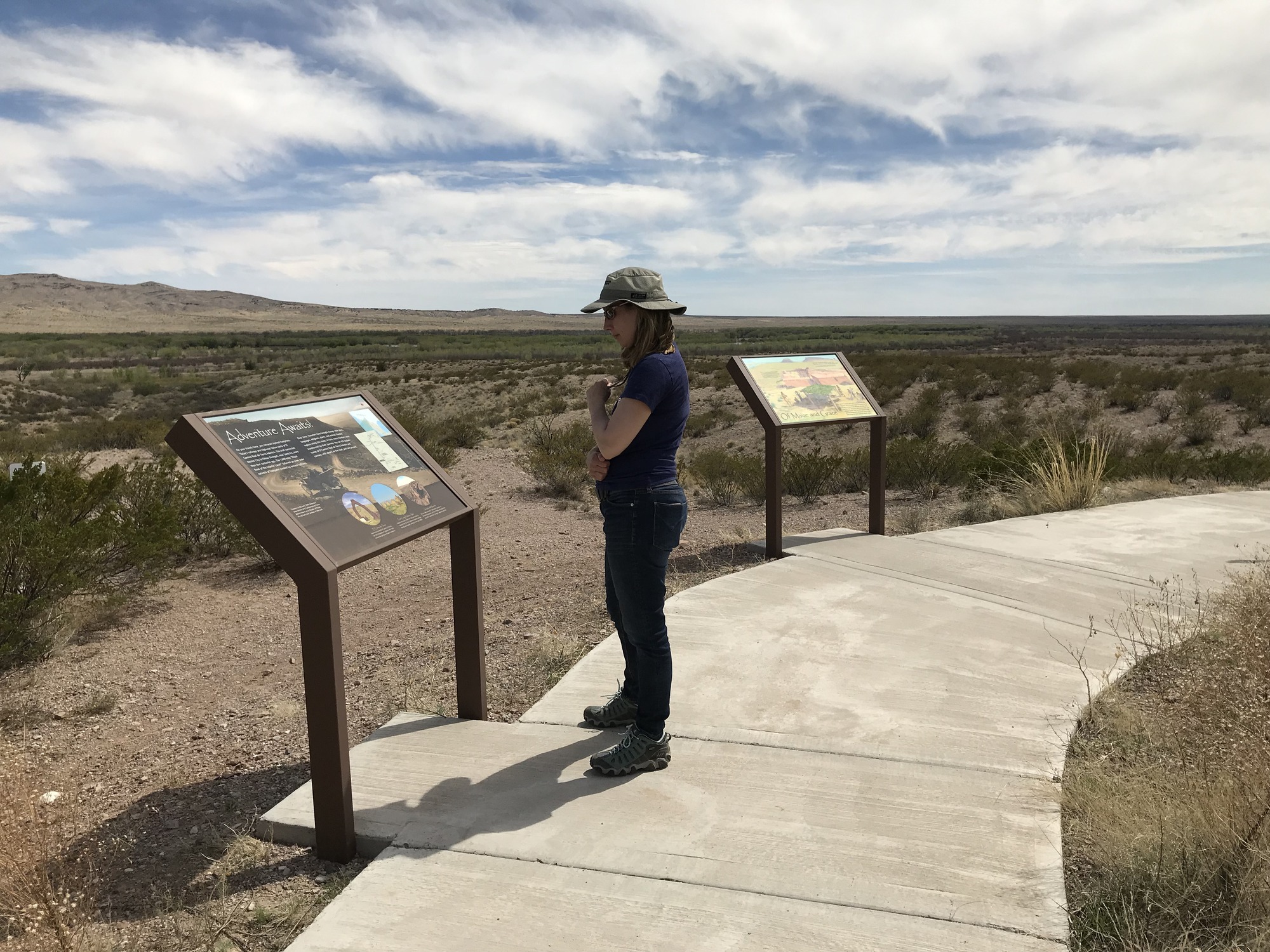 A person standing on a path looking at wayside in the desert.