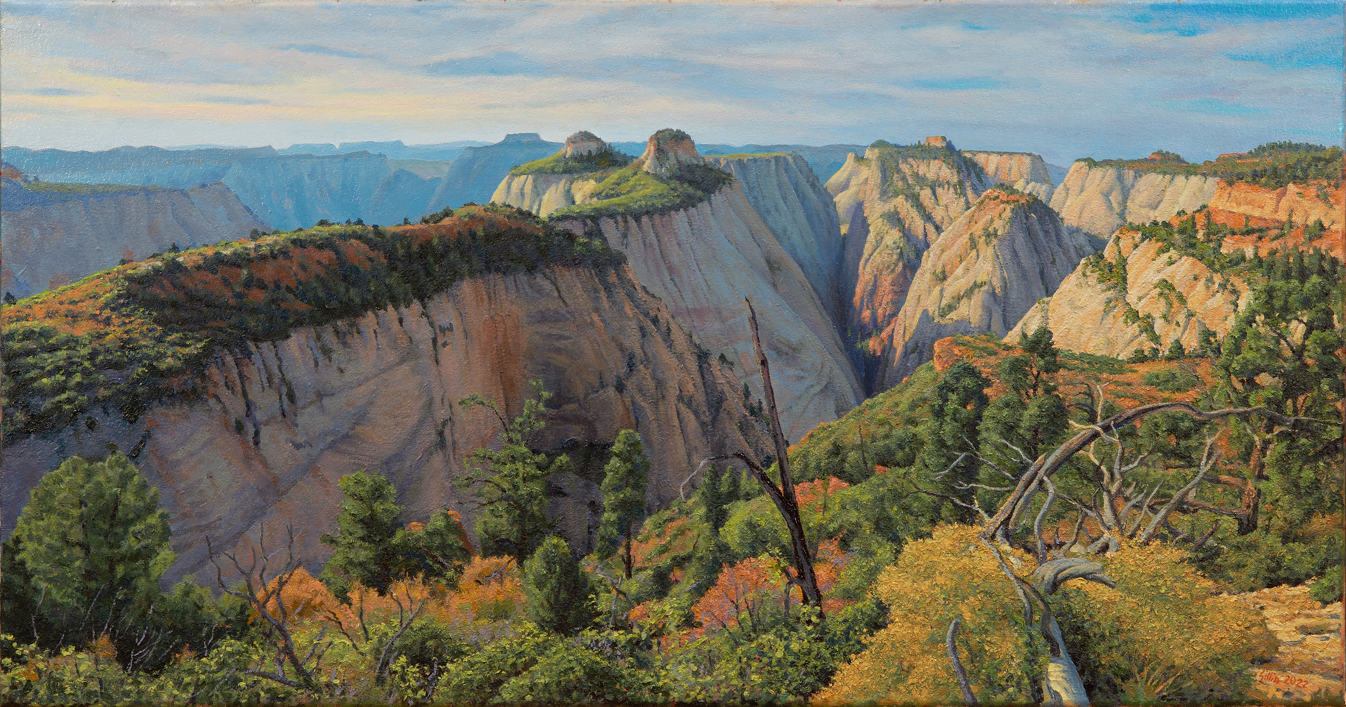 Painting of a series of deep canyons surrounded by cream-colored sandstone covered in vegetation. The plants are various shades of green, orange, and red.